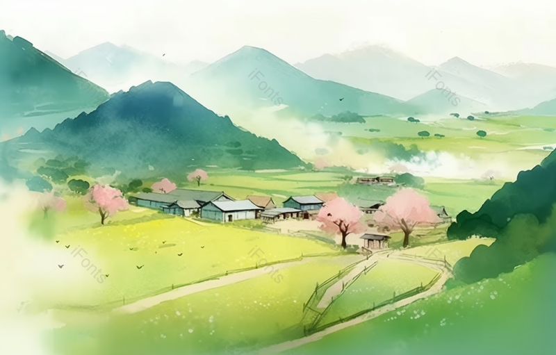 绿色群山粉色樱花树水彩画手绘场景,插画/手绘图,插画/手绘图库,插画/手绘图下载,插画/手绘